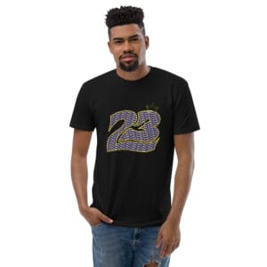 Men's fitted t-shirt in midnight black with large 23 with the 'triple' repeated inside the 2 and 'double' repeated inside the 3 with crown sitting on top of 3