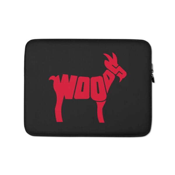 Black 13 inch laptop sleeve with large typography red text "Woods" in shape of a goat