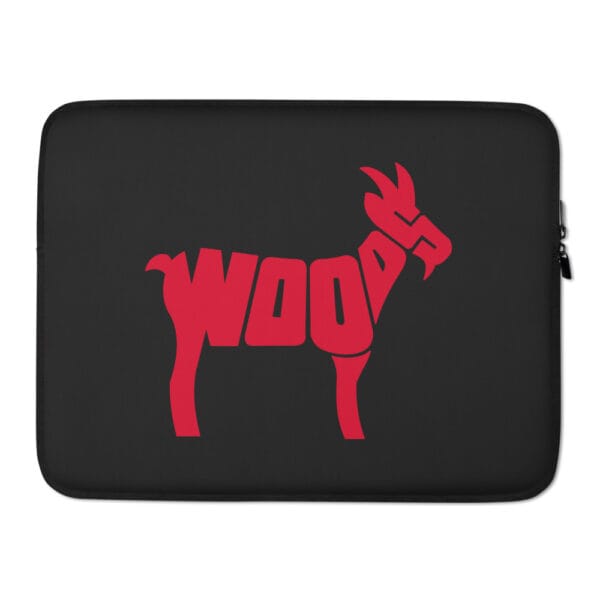 Black 15 inch laptop sleeve with large typography red text "Woods" in shape of a goat