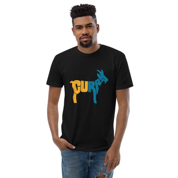 Men's fitted t-shirt in black with typography text "Curry" in yellow and blue making a goat