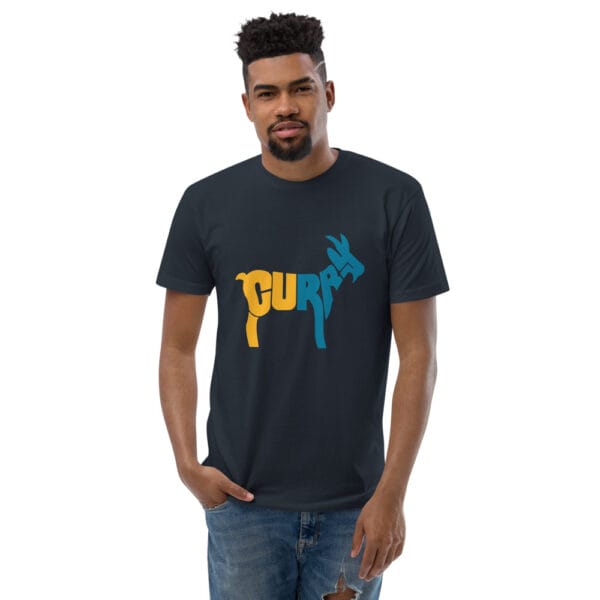 Men's fitted t-shirt in midnight navy with typography text "Curry" in yellow and blue making a goat