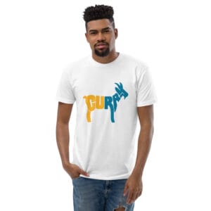 Men's fitted t-shirt in white with typography text "Curry" in yellow and blue making a goat