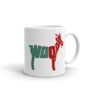White 11oz glossy mug with large typography red and green text "Woods" in the shape of a goat