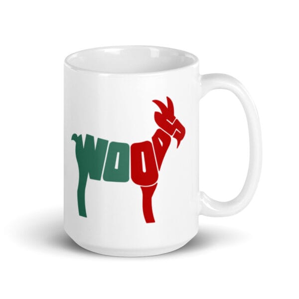 White 15oz glossy mug with large typography red and green text "Woods" in the shape of a goat