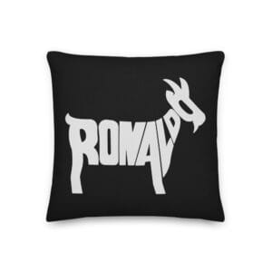 Black 18 by 18 premium pillow with the word "Ronaldo" making a white goat