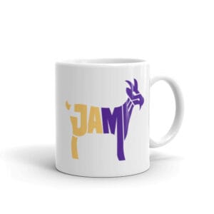 White 11oz glossy mug with the text "James" in the shape of goat in gold and purple