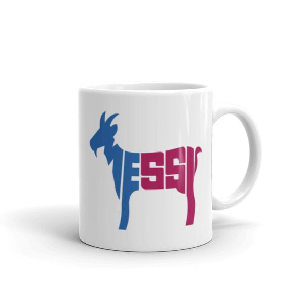 White 11oz glossy mug with the word "Messi" making a goat in Barcelona's famous colours