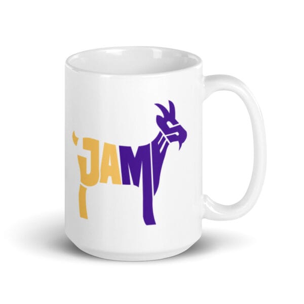 White 15oz glossy mug with the text "James" in the shape of goat in gold and purple