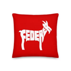 Red 18 by 18 premium pillow with white typography of 'Federer' making an image of a goat
