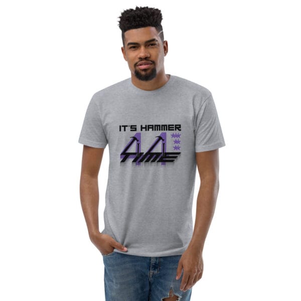 Men's fitted t-shirt in heather grey with black text "It's hammer time" and purple forty-four and seven stars