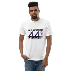 Men's fitted t-shirt in white with black text "It's hammer time" and purple forty-four and seven stars