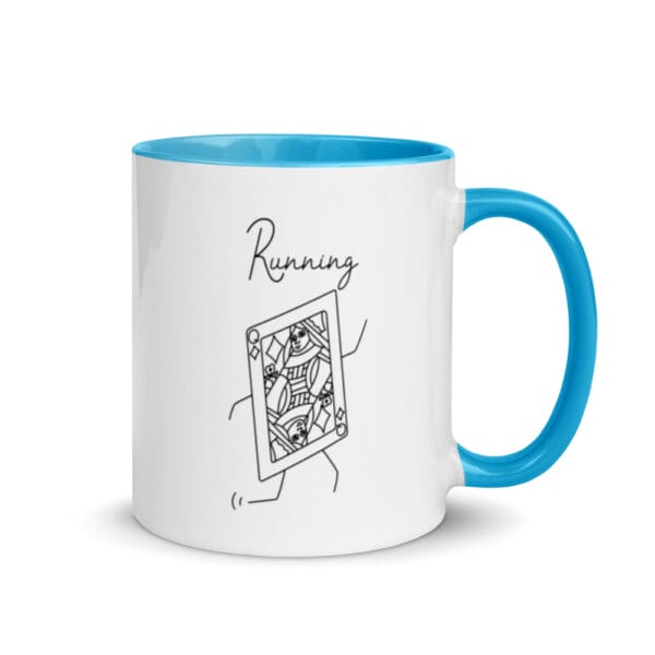 11oz white ceramic mug with blue handle, colour inside. Image of stick figure of Queen of Diamonds running