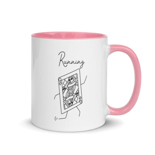 11oz white ceramic mug with pink handle, colour inside. Image of stick figure of Queen of Diamonds running