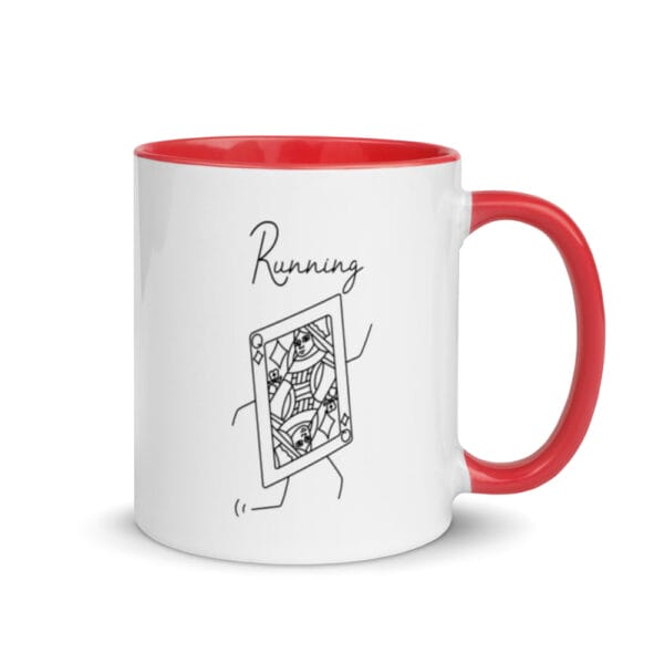 11oz white ceramic mug with red handle, colour inside. Image of stick figure of Queen of Diamonds running