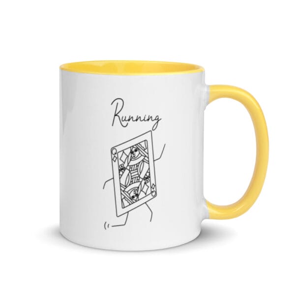 11oz white ceramic mug with yellow handle, colour inside. Stick figure of Queen of Diamonds running