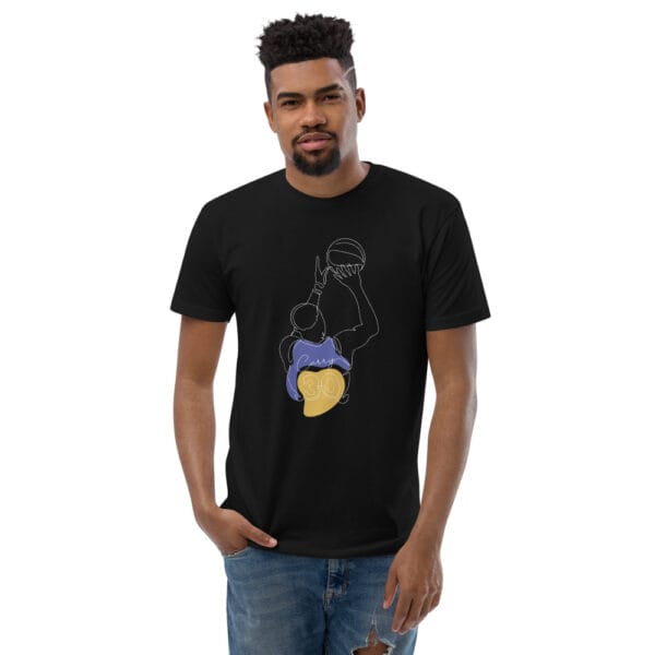 Men's fitted black t-shirt with line drawing of Steph Curry shooting