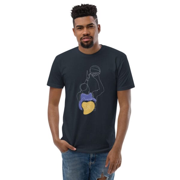 Men's fitted midnight navy t-shirt with line drawing of Steph Curry shooting