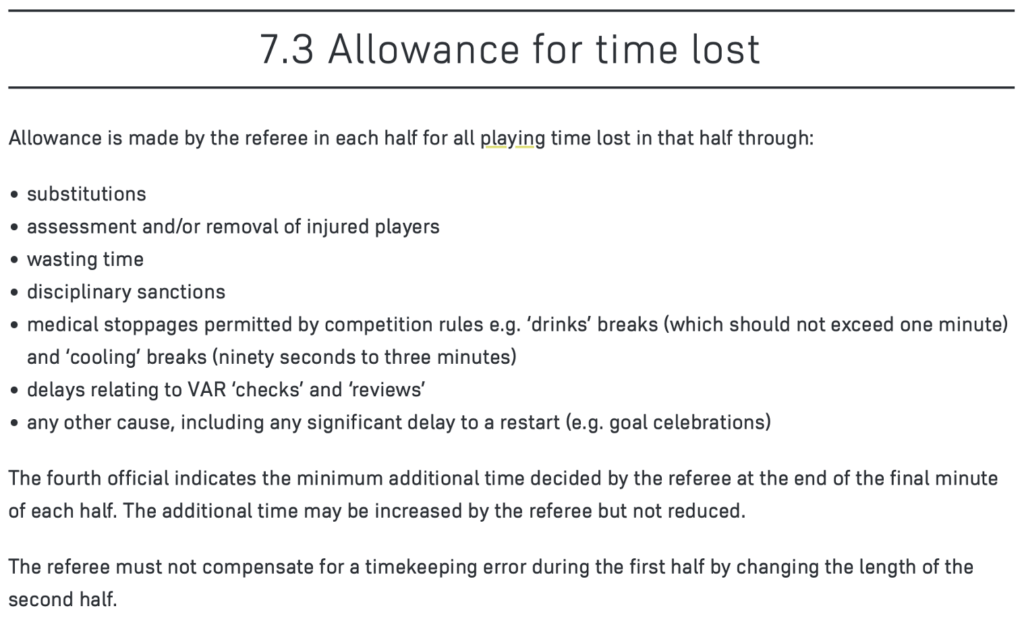 Text from the Laws of the Game showing the allowance for time lost