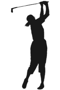 Dark grey silhouette image of Betsy King after hitting a shot