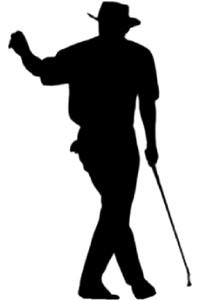 Black silhouette of Grey Norman walking with a putter and holding up other hand