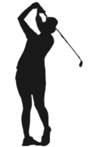 Dark grey silhouette image of Karrie Webb after hitting a shot