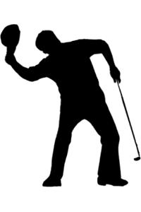 Black silhouette of Lee Trevino about to throw hit hat whilst holding a putter