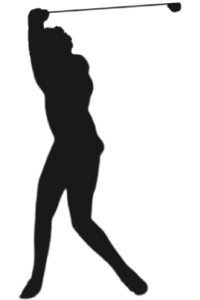 Dark grey silhouette image of Mickey Wright at the top of her backswing