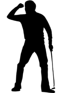 Black silhouette of Seve Ballesteros fist pumping whilst holding a putter