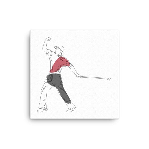 12 by 12 white wall canvas with line drawing of Tiger Woods fist pumping whilst holding a putter