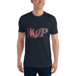 Men's navy fitted t-shirt with "FINALS MVP" text in the colours of Miami Heat, Lakers and Cleveland Cavaliers