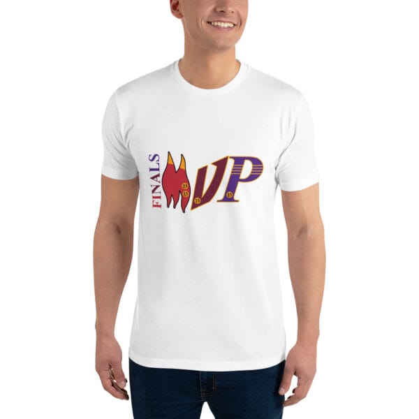 Men's white fitted t-shirt with "FINALS MVP" text in the colours of Miami Heat, Lakers and Cleveland Cavaliers