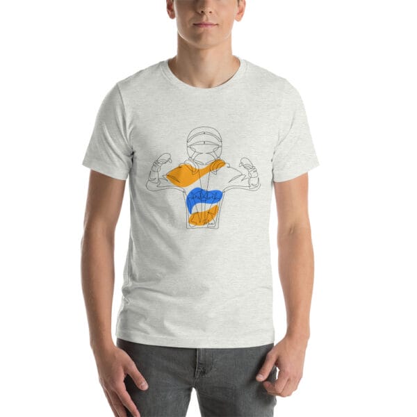 Men's unisex staple, ash t-shirt with line drawing of Max Verstappen flexing his muscles in Dutch colours