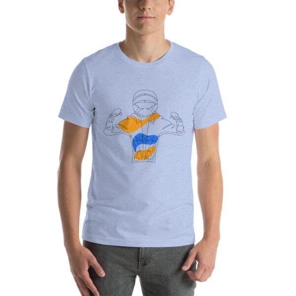 Men's unisex staple, heather blue t-shirt with line drawing of Max Verstappen flexing his muscles in Dutch colours