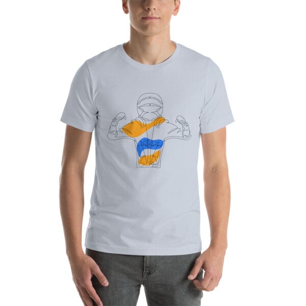 Men's unisex staple, light blue t-shirt with line drawing of Max Verstappen flexing his muscles in Dutch colours