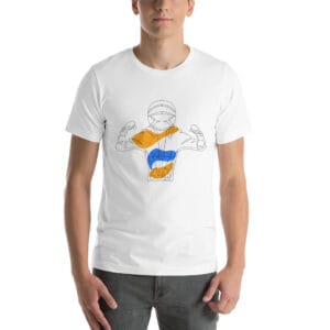 Men's unisex staple, white t-shirt with line drawing of Max Verstappen flexing his muscles in Dutch colours