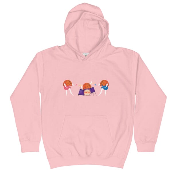 Kids hoodie in baby pink with a rock band of basketballs on drums and guitars