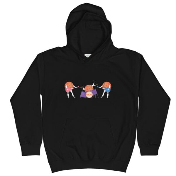 Kids hoodie in black with a rock band of basketballs on drums and guitars