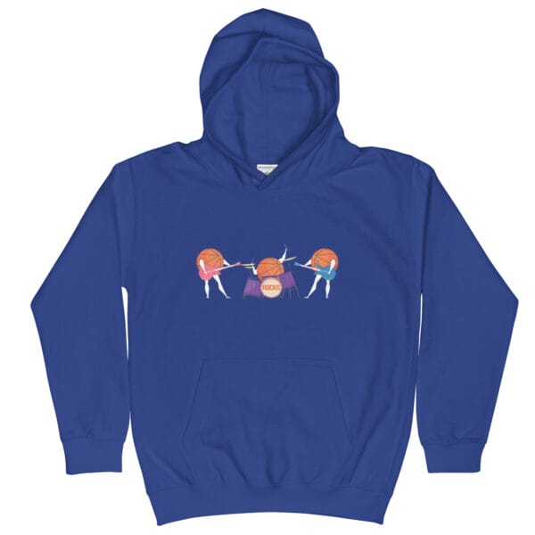 Kids hoodie in royal blue with a rock band of basketballs on drums and guitars