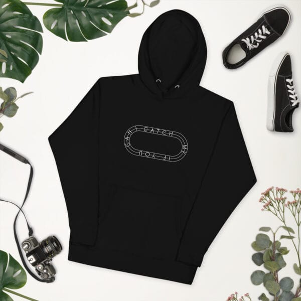 Unisex premium hoodie in black with white running track with text "Catch me if you can" inside