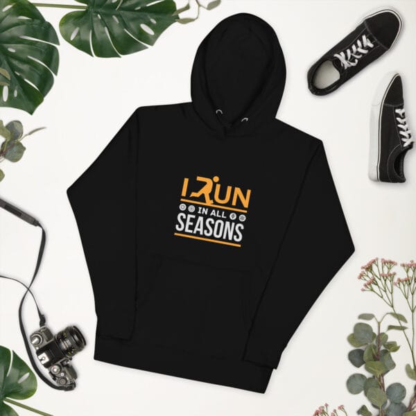 Unisex premium hoodie in black with text "I run in all seasons" with the letter R a silhouette of a runner