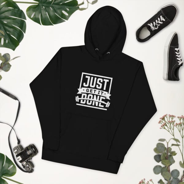 Unisex premium hoodie in black with white text "Just get it done" and barbell silhouette