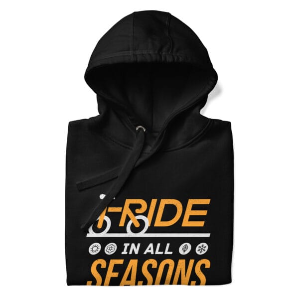 Folded premium cycling hoodie in black with text "I ride in all seasons" and small seasons icons