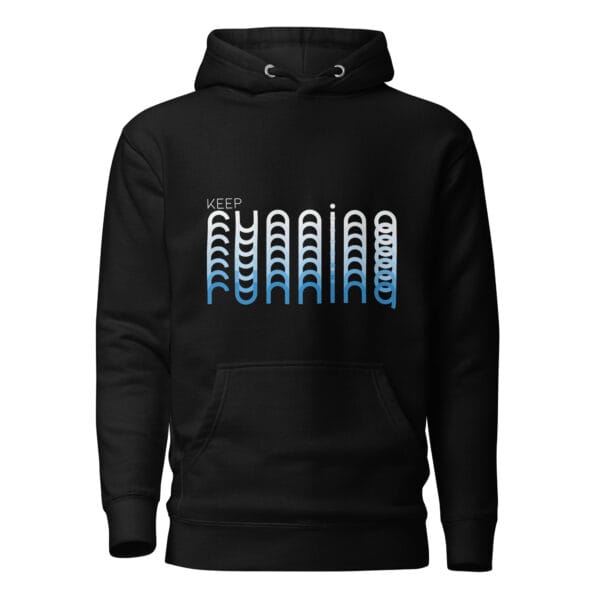 Unisex premium hoodie in black with text "Keep Running" and running with blend effect of white to blue