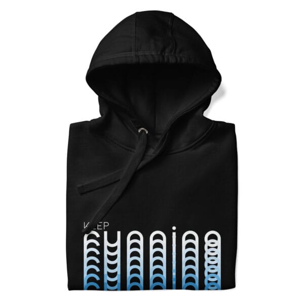 Folded premium hoodie in black with text "Keep Running" and running with blend effect of white to blue