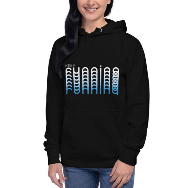 Young woman wearing a black premium hoodie with text "Keep Running" and running with blend effect of white to blue