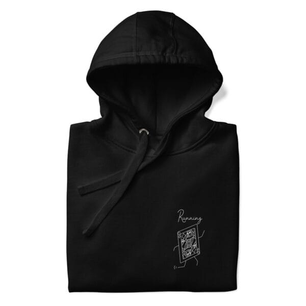 Folded premium hoodie in black with a queen playing card running in white on left chest