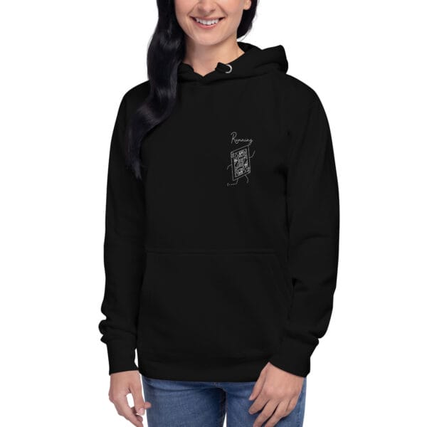 Young woman wearing black unisex running queen hoodie, white running playing card on left chest