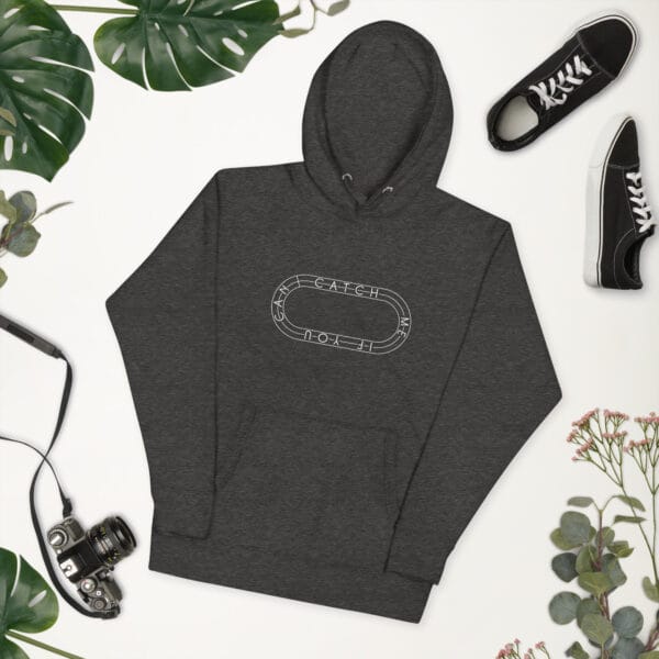 Unisex premium hoodie in charcoal heather with white running track with text "Catch me if you can" inside