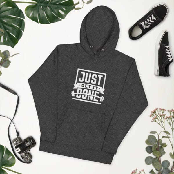 Unisex premium hoodie in charcoal heather with white text "Just get it done" and barbell silhouette