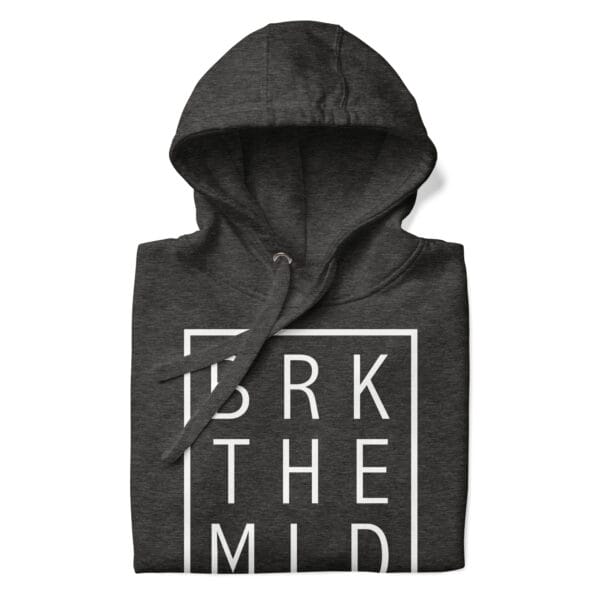 Unisex premium hoodie in charcoal heather folded with white rectangle and letters "BRK THE MLD"